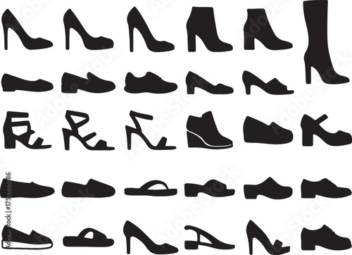 Diverse collection of black silhouette footwear shapes on a white background