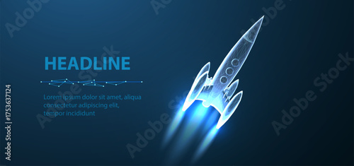 Startup. Digital rocket start. Isolated on blue. Fast web development, process boost, investment in innovation, product development, website startup, virtual project, AI company concept

