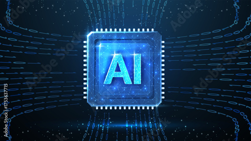 AI letters on chip. AI technology, robot core, electric line, artificial intelligence, cpu system, future tech, electronic cloud computing concept. Abstract illustration

