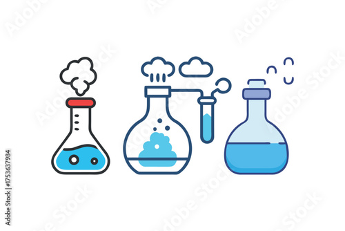 Colorful illustration depicting three different laboratory beakers with liquids