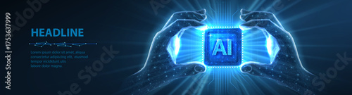 Chip with AI letters in hands. AI technology, robot core, electric line, artificial intelligence, cpu system, future tech, electronic cloud computing, support service concept. Vector illustration

