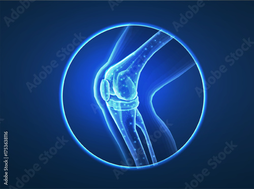 Knee joint isolated on blue. Bone health, physiotherapy care, joint disorder, glucosamine repair, orthopedic surgery, physical therapy, magnesium supplement, osteoarthritis treatment concept

