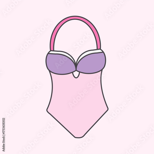 A cute cartoon style pastel coloured swimsuit illustration. The swimsuit has a pink bottom and halter strap, and the cups are purple. A sweet and simple vector icon.
