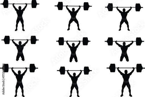 Weightlifting silhouettes, barbell overhead press, strength training, fitness exercise, athlete motion, bodybuilding pose, gym workout, powerlifting action, repetition sequence, sport activity