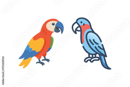 Two colorful parrots facing each other in a simple cartoon style