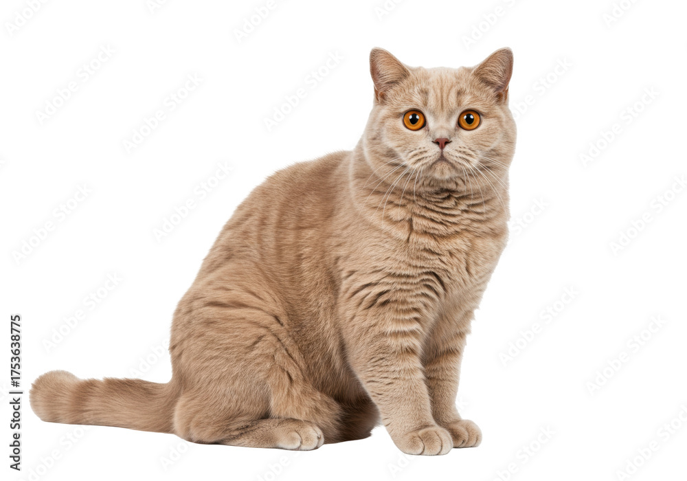 Obraz premium Isolated British shorthair cat with orange eyes sitting and looking ahead quietly in studio