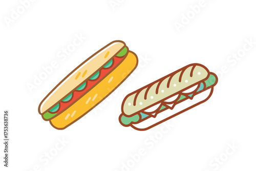 Two colorful cartoon sandwiches with fillings are displayed on a white background