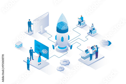 Brainstorming 3d isometric concept with isometry people design for web. Business team generating new ideas, working on project, finding innovations and solutions for company. Vector illustration.