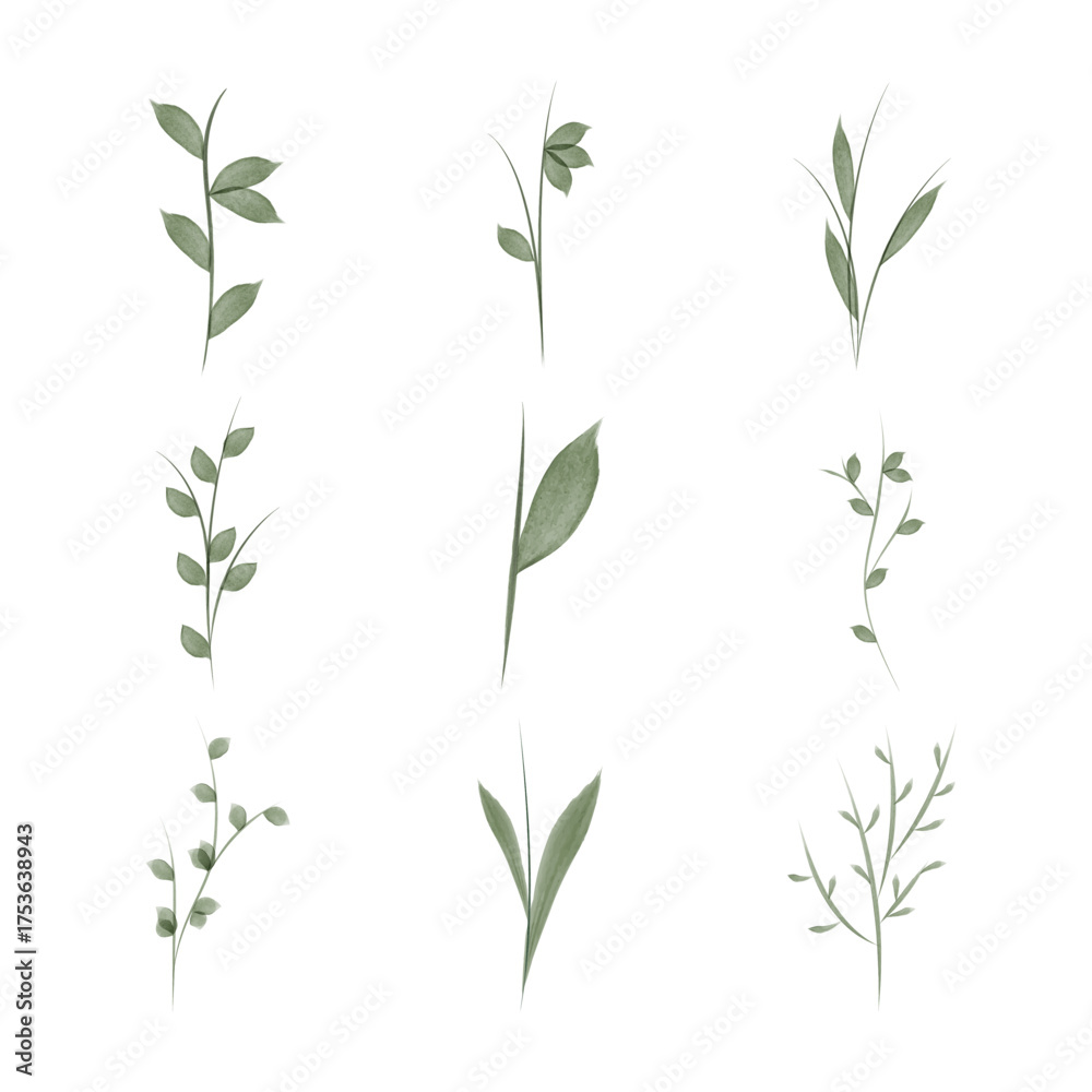 Fototapeta premium Collection of nine watercolor vector illustrations. The set contains various green flower stems and leaf arrangements, perfect for ecology and environmental conservation designs.