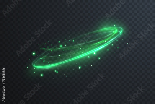 Luminous green light circle with radiant particles and vortex swirl. Abstract neon effect for sci-fi, cosmic, or digital interface design projects.