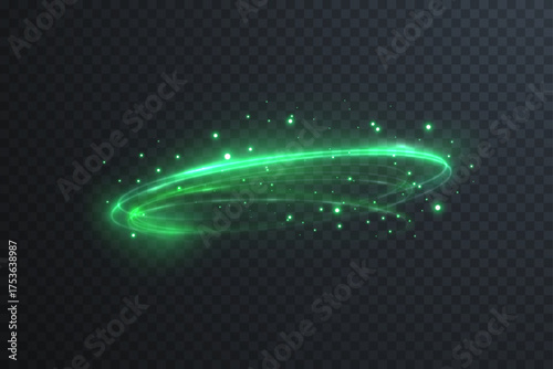 Abstract green glowing ring with speed light effect. Futuristic neon swirl circle design ideal for tech banners, sci-fi energy, and motion vector backgrounds.