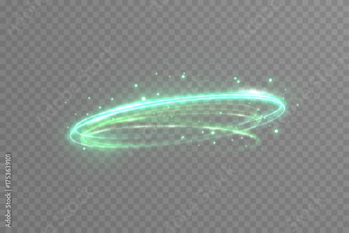 Green neon glowing circle with smooth motion line trail. Abstract luminous vortex ring ideal for sci-fi, technology, and energy design illustration.
