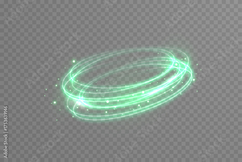 Glowing green neon circle frame with particle dust and speed motion. Abstract energy swirl and futuristic laser effect for modern tech designs.