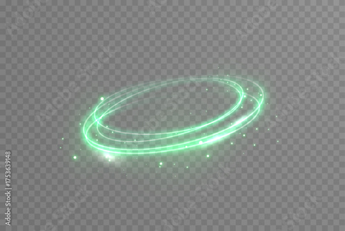 Glowing green neon circle frame with particle dust and speed motion. Abstract energy swirl and futuristic laser effect for modern tech designs.