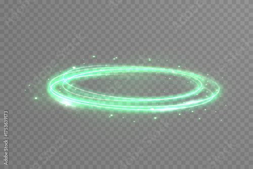 Abstract green neon vortex circle with glowing motion trails. Futuristic swirl light energy background for technology, speed, and sci-fi visuals.