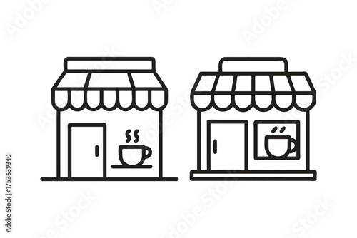Line art illustration depicting two small storefronts with coffee themes