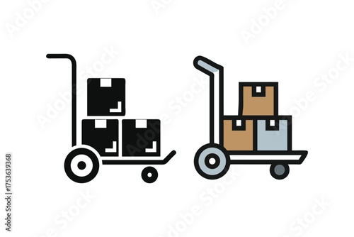 Hand trucks with boxes presented in black and color line art styles