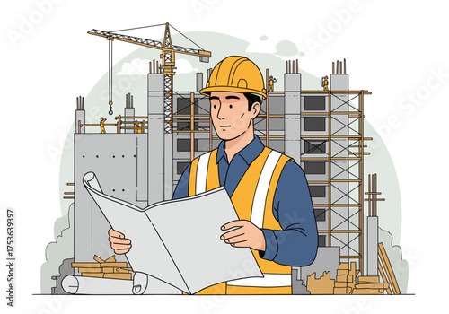 Construction worker analyzing blueprints on building site  