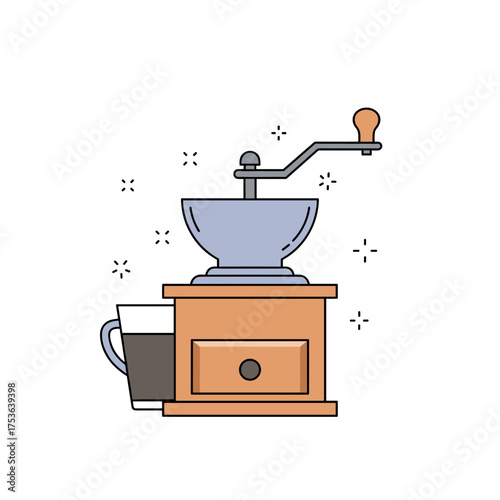 Coffee grinder with cup of coffee and beans on white background  