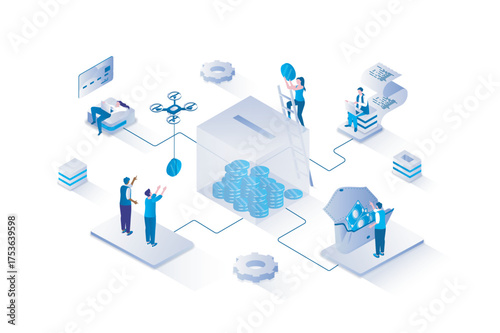 Crowdfunding 3d isometric concept with isometry people design for web. Sponsors making collective donation for fundraising at business project, supporting startup with investment. Vector illustration.