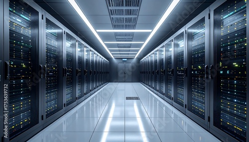 A symmetrical data center hallway, lined with server racks. Bright overhead lights and reflective flooring illuminate the space