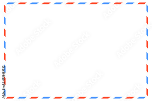 blank postcard template with place for stamp. white paper texture. airmail postcard with red and blue border