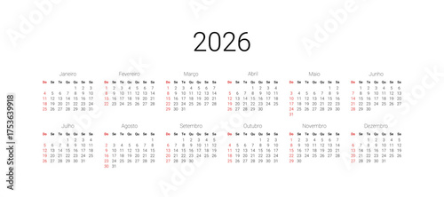2026 Calendar in Portuguese. Calendar template for Brazil start from Sunday. Year at a glance calendar 2026. Full 12 months for wall calendar, isolated wall background.