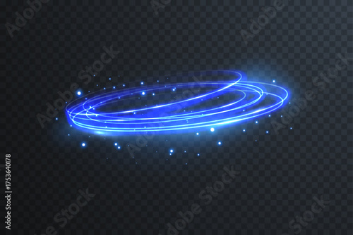Glowing blue neon circle frame with magic spark and bright LED light effect. Futuristic laser swirl ring design for modern technology banners, vector illustrations, and disco background concepts.