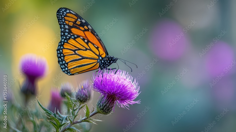 Obraz premium Vibrant monarch butterfly on purple thistle flower in natural setting