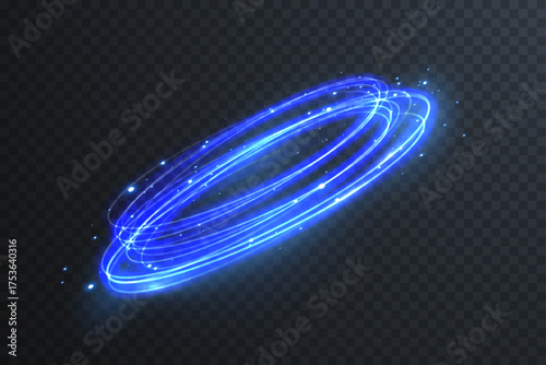 Realistic glowing blue neon ring with bright laser trail and luminous particles. Futuristic round frame design for LED, tech, and disco banner visuals.