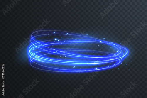 Abstract glowing blue neon swirl creating circular frame with magic spark. Futuristic bright LED light effect for modern technology banners and sci-fi vector backgrounds.