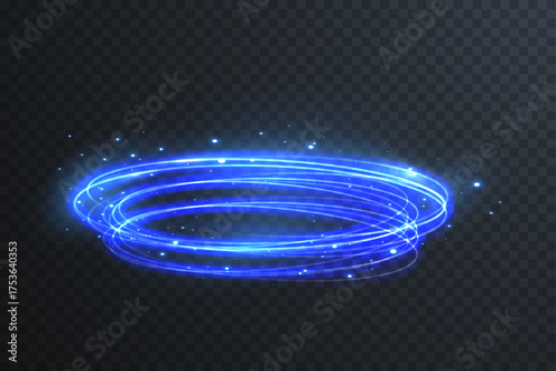 Abstract glowing blue neon swirl creating circular frame with magic spark. Futuristic bright LED light effect for modern technology banners and sci-fi vector backgrounds.