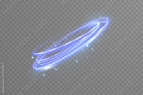 Abstract glowing blue neon swirl creating circular frame with magic spark. Futuristic bright LED light effect for modern technology banners and sci-fi vector backgrounds.