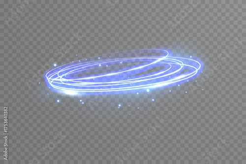 Vector blue neon ring light glowing on transparent background. Futuristic swirl circle with glitter particles, LED light trail, and brilliant glow for digital designs.