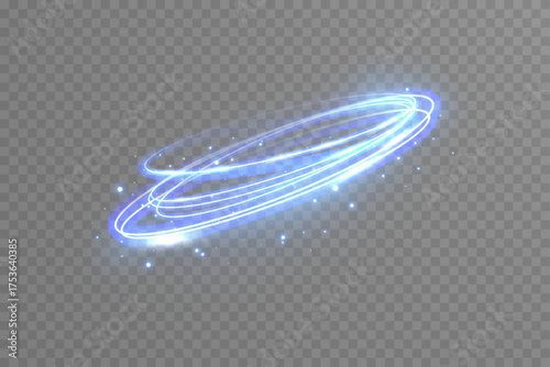 Vector blue neon ring light glowing on transparent background. Futuristic swirl circle with glitter particles, LED light trail, and brilliant glow for digital designs.