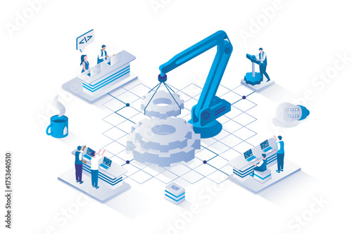Developers team 3d isometric concept with isometry people design for web. People developing programs and applications, constructing interfaces and launching software products. Vector illustration.