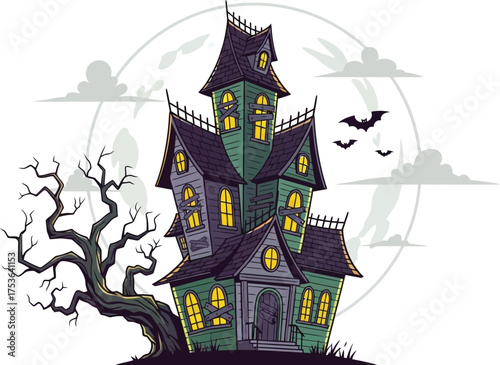 Vector art of haunted house with bats and moon