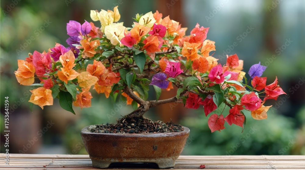 Obraz premium Colorful bonsai tree with vibrant flowers in a ceramic pot against blurred background