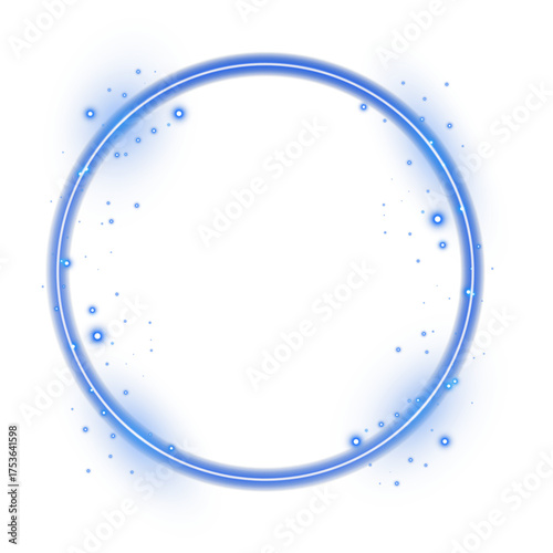 Blue neon glowing ring with light swirl and shiny sparkle effect. Futuristic circular frame for technology, laser, LED, or sci-fi banner designs with brilliant luminous illumination.
