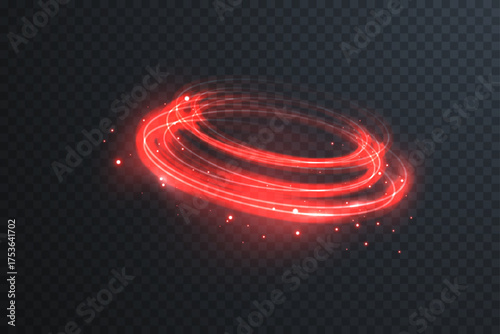 Glowing red neon circle with radiant halo and particle dust. Abstract luminous ring for modern, futuristic, or sci-fi visual concepts.