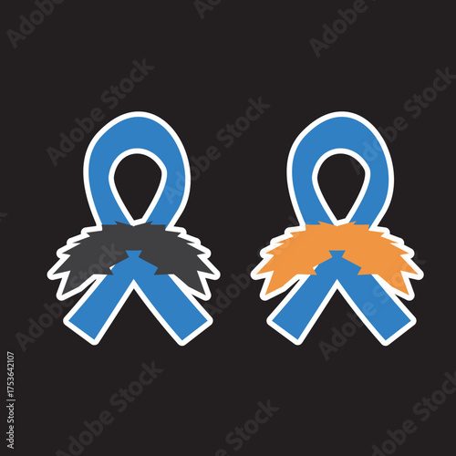 Blue ribbon with moustache symbol of november mens health month. Doodle style Blue ribbon and moustache isolated on black background. Sticker , label and icon set of prostate cancer awareness