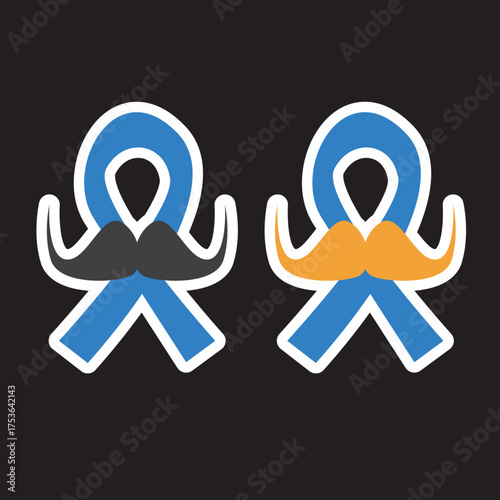 Blue ribbon with moustache symbol of november mens health month. Doodle style Blue ribbon and moustache isolated on black background. Sticker , label and icon set of prostate cancer awareness