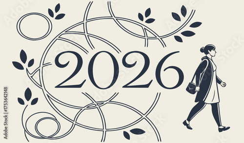 Step into New Year 2026 with Elegant Swirls, Leaves, and a Stylish Walk - Best Wishes for a Graceful and Prosperous Year Ahead