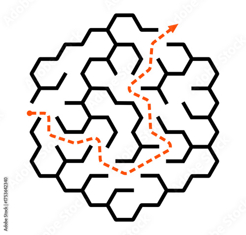 Hexagonal maze with an orange dotted solution path winding through dark hexagons.