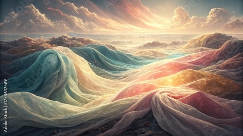 Dreamy ocean landscape with colorful flowing hills and ethereal light perfect for meditation and relaxation themes