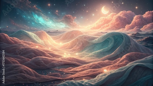 Dreamy celestial landscape with soft pastel clouds and a crescent moon creating a magical, ethereal atmosphere