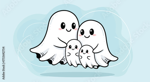 Vector art of cute cartoon family of four white ghosts on a light blue background