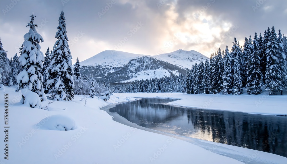 Fototapeta premium A snowy winter scene features a tranquil river flowing through a frosted forest, leading to a mountain range. The cloudy sky peeks through
