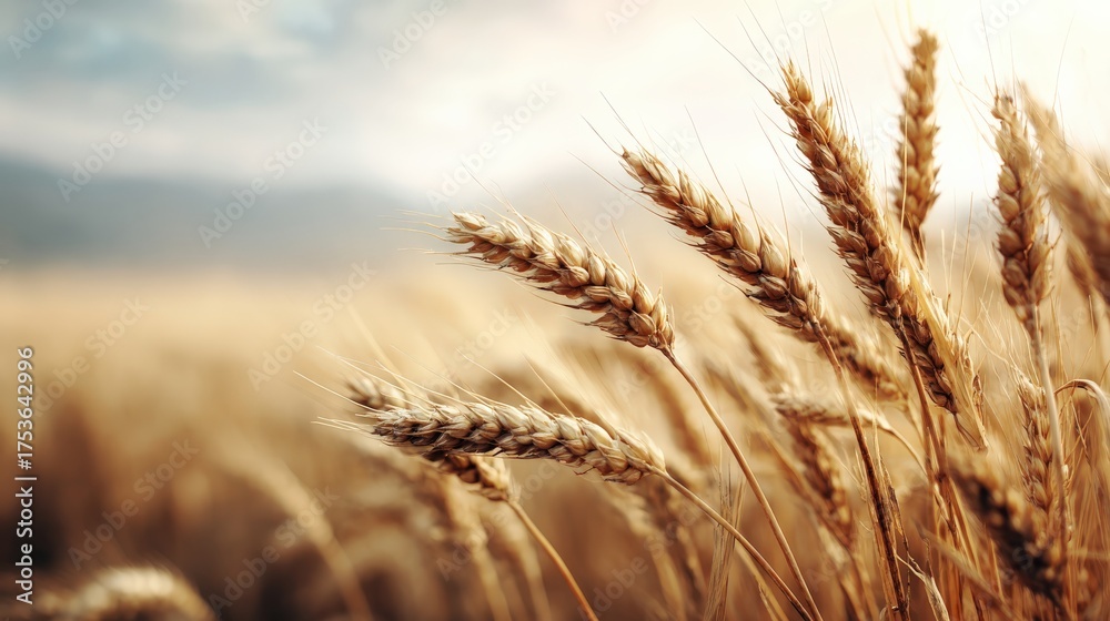 Fototapeta premium Golden wheat field surrounded by nature under soft sunlight