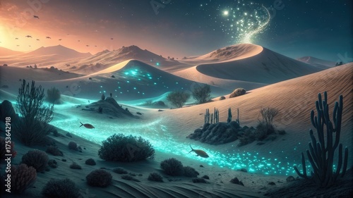 Stunning desert landscape with otherworldly river and magical starry glow over sand dunes at dusk